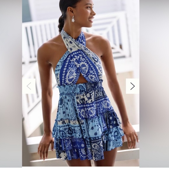Agua Bendita Moana Atma convertible mini dress blue white ruffled floral $330 - Picture 4 of 12